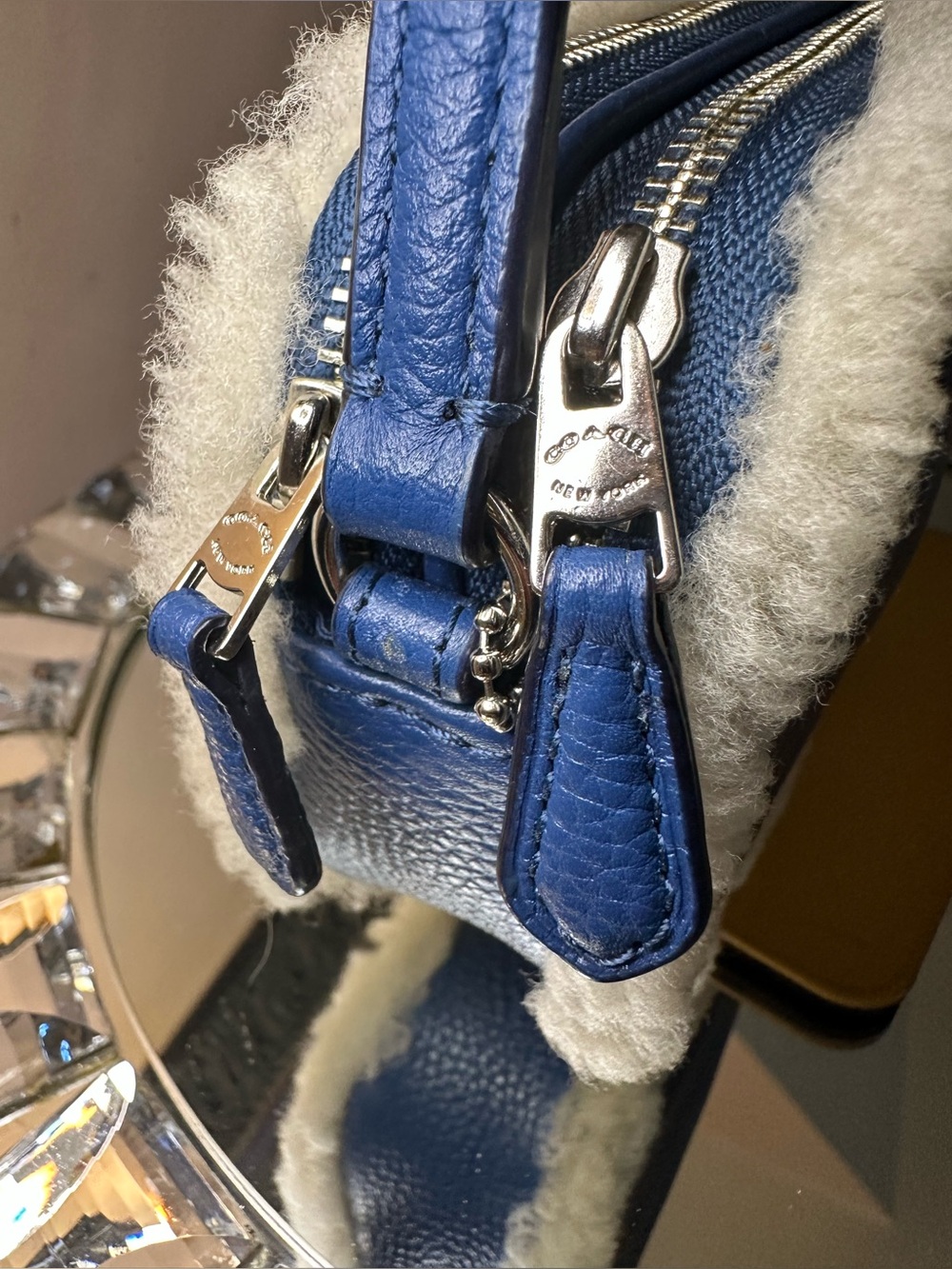 Coach Blue Pebbled Leather Crossbody with White Shearling Trim - Picture 11 of 14